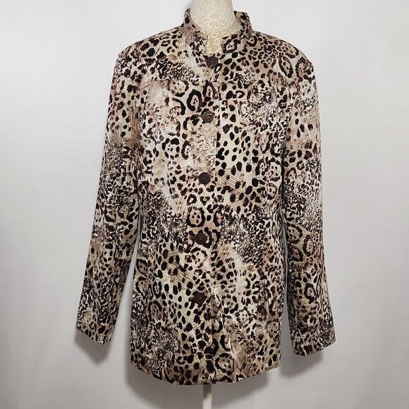 Chico's Size 2/12-14 Leopard Print Button Down Mandarin Collar Lined Jacket - Picture 2 of 14